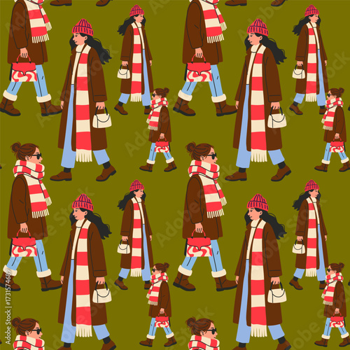 Seamless Pattern of Women in Winter Coats and Scarves