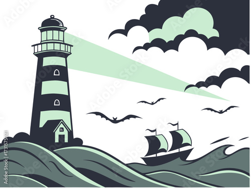 A lighthouse shines its beam across a stormy sea with a sailing ship and birds vector illustration