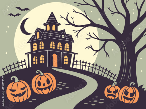 Halloween scene with a haunted house, jackolanterns, and a large full moon vector illustration