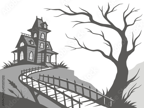Black and white illustration of a haunted house on a hill with a winding path vector illustration