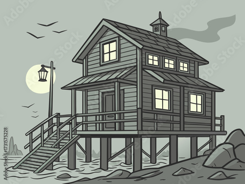Old wooden house on stilts by the water with a moon and birds vector illustration