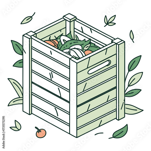 Wooden compost bin filled with organic waste and surrounded by leaves vector illustration