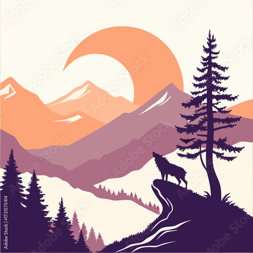 Wolf howling at the moon in a mountainous landscape at sunset vector illustration