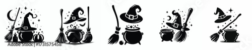 black and white silhouette vector of halloween witch tools
