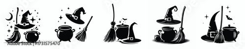 black and white silhouette vector of halloween witch tools