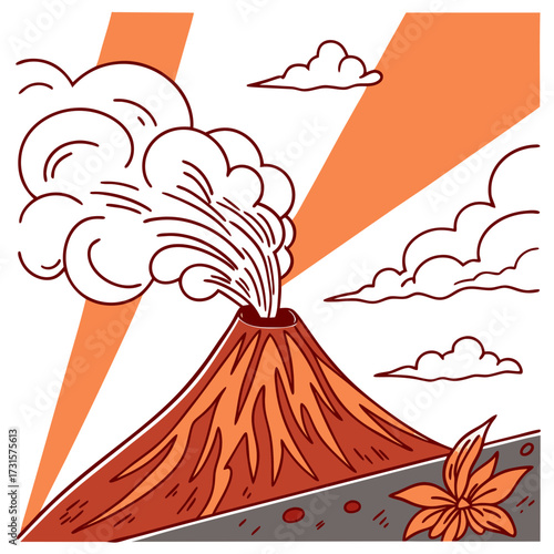 Illustration of a volcano erupting with smoke and clouds against an orange sky vector illustration