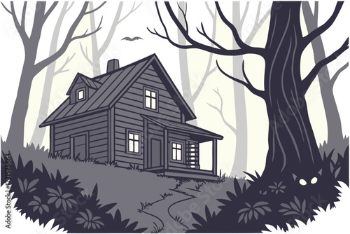 Spooky abandoned house in a dark forest with glowing eyes in the shadows vector illustration