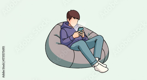 Young man relaxing on a bean bag chair while using his smartphone