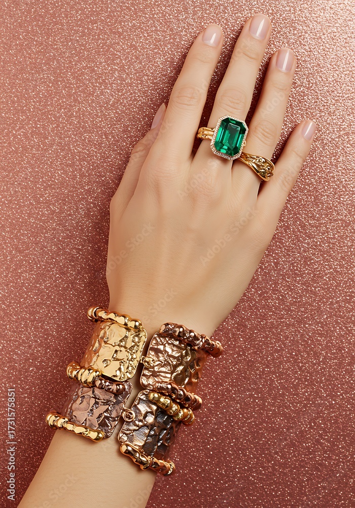 Obraz premium Elegant hand displaying jewelry against a shimmering backdrop for luxury visuals