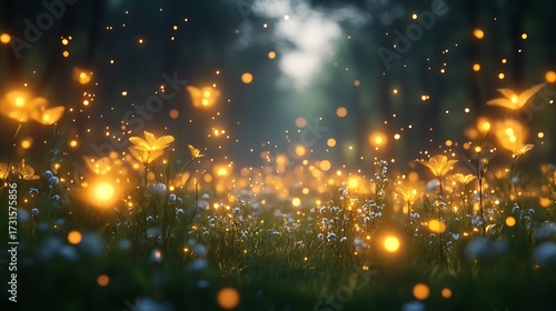 Enchanted meadow at twilight with glimmering lights and flora illumination