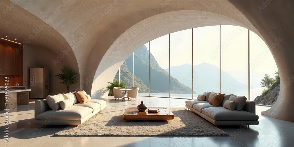 Fototapeta premium Serene Coastal Living Room with Panoramic Mountain Views and Modern Architectural Design