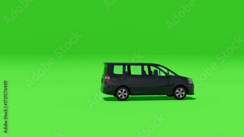 Side view of a black minivan isolated on chroma green background. Rendered for animation, VFX, or asset creation