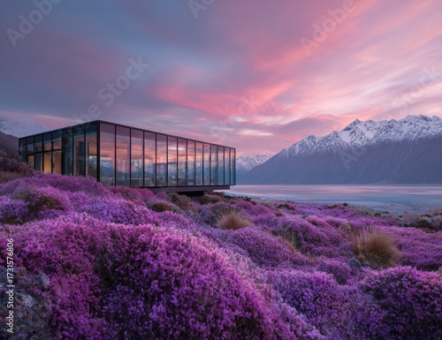 Modern building with purple flowers and mountain view