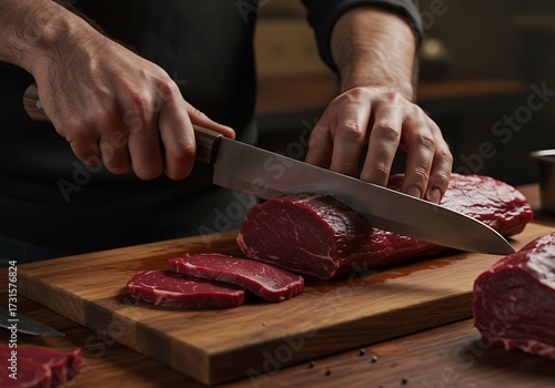 Chef preparing raw meat on wooden cutting board with knife