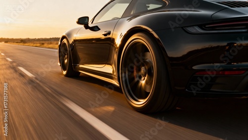 Fototapeta Naklejka Na Ścianę i Meble -  Black sports car driving on road at sunset