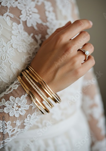 Elegant hand displaying rings and bracelets with detailed white lace