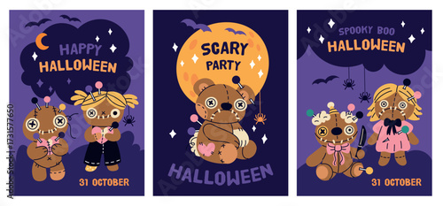Voodoo dolls cards. Halloween creepy toys, spooky party invitations, trick or treats, stitched patchwork weird characters vertical posters, rag monsters, garish vector cartoon isolated set