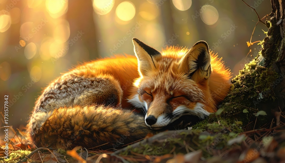 Obraz premium Peaceful depiction of a fox peacefully sleeping curled up on the forest floor amidst a golden, warm light.