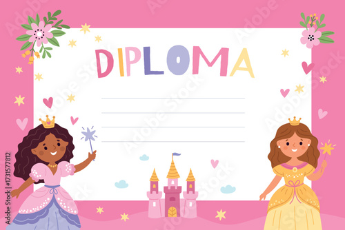 Kids diploma with princess. Happy little girls in fluffy dresses holding magic wands, pink girly preschool certificate template, childish design for garish vector cartoon concept