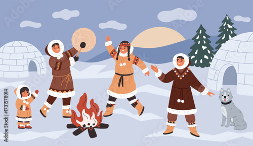 Eskimos life scene. North pole, arctic people, traditional clothes from skin, happy inuit family with kids, dancing around fire, winter landscape cartoon isolated garish vector concept
