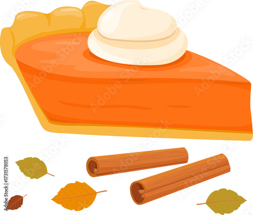Slice of homemade pumpkin pie with whipped cream and cinnamon sticks. Piece of Autumn season Thanksgiving dinner and baked holiday sweet pumpkin pie cake dessert. Vector illustration