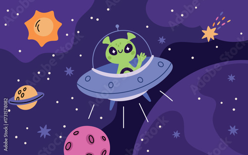 Cute green alien. Little humanoid in ufo, flying in outer space, stars, planets, and comets on background, spaceship in cosmic area, childish banner garish vector cartoon isolated concept