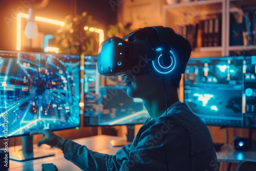 Software developer wearing virtual reality headset working with computers showing futuristic interface in neon lit office at night