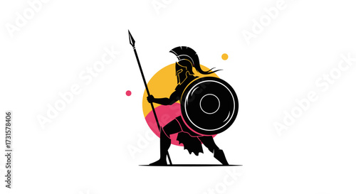 An ancient warrior stands ready for battle holding a spear and shield.