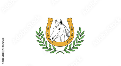 A horseshoe encircles a horse's head adorned with a laurel wreath on a white background.