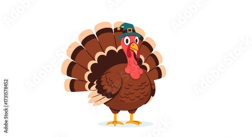 Cartoon turkey wearing a pilgrim hat ready for Thanksgiving feast.