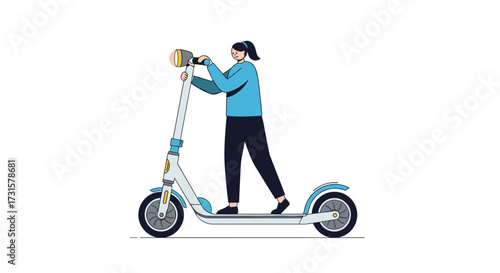 A woman rides an electric scooter with a bright yellow light illuminated on the handlebars.