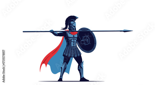 An ancient warrior stands ready to defend with a spear and shield. .