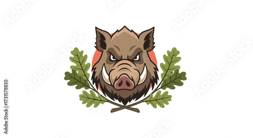 A fierce wild boar with tusks and angry eyes is depicted with oak leaves forming a wreath around its head.