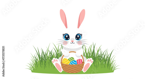 Cute bunny with bright blue eyes and pink ears holding a basket full of colorful painted eggs sits in green grass.