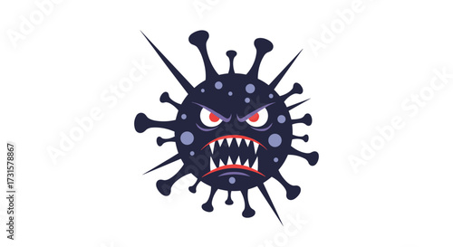 A fierce cartoon illustration of a malicious virus with sharp teeth and angry eyes.