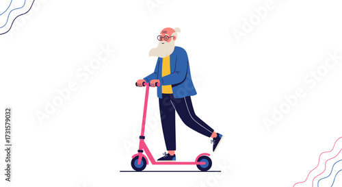 An elderly man with a beard riding a pink electric scooter while dressed in casual clothes.