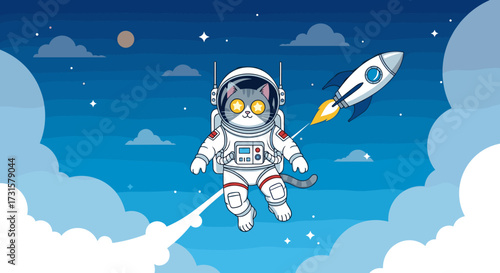 A cute cat astronaut floats in the starry sky next to a rocket ship.