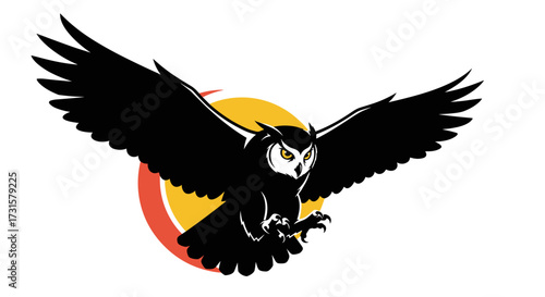 Majestic great horned owl soaring with wings spread wide against a vibrant sunset.