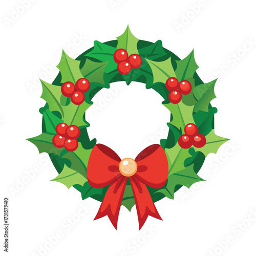 christmas wreath with holly and berries vector illustration
