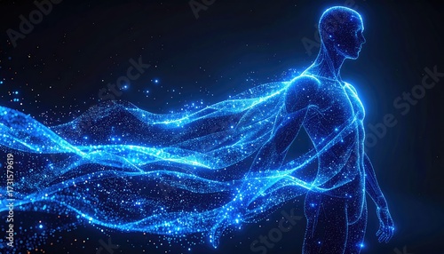 Glowing blue human form with energy flowing from body