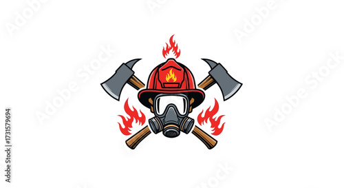 A firefighter's helmet mask and axes with flames symbolize courage and rescue.