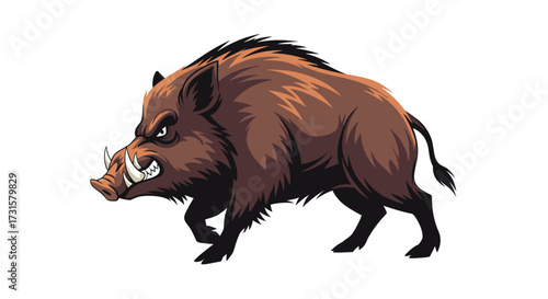 Fierce wild boar with sharp tusks charging forward with an aggressive stance and angry expression.