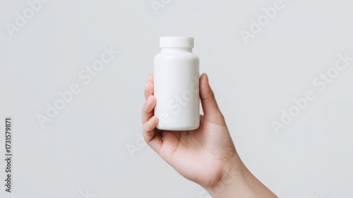 Hand Holding Blank White Supplement Bottle on Plain Background