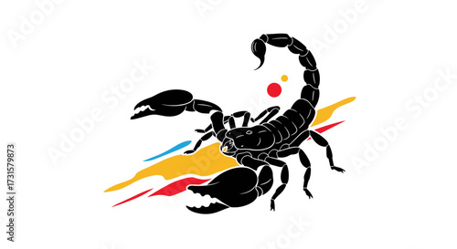 A striking black scorpion illustration with vibrant abstract streaks and circles.