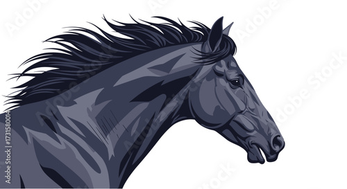 A majestic dark horse with a flowing mane gallops across an open field under the sky.