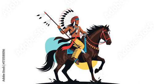 An illustration of a Native American warrior on horseback wearing a feathered headdress and holding a spear.