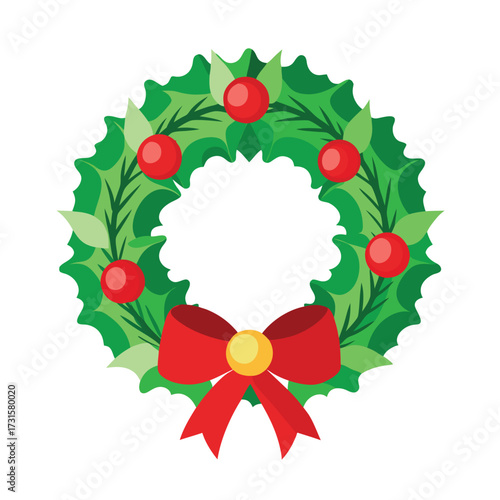 christmas wreath with holly berries and ribbon illustration