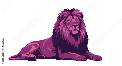 Majestic purple lion resting with a full mane during a calm moment.