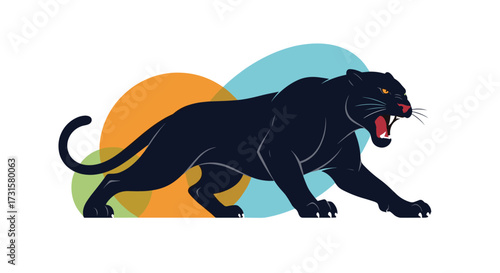 A striking black panther with its mouth open in a growl stands on a white background.