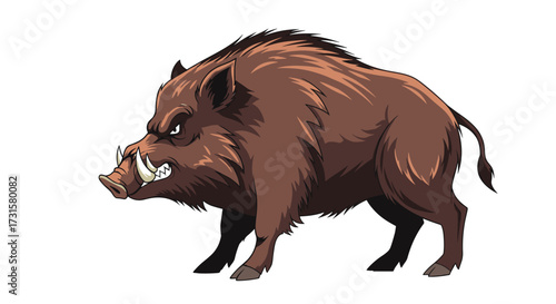 A powerful bristly wild boar with sharp tusks in an aggressive stance displaying its formidable strength and wild nature.
